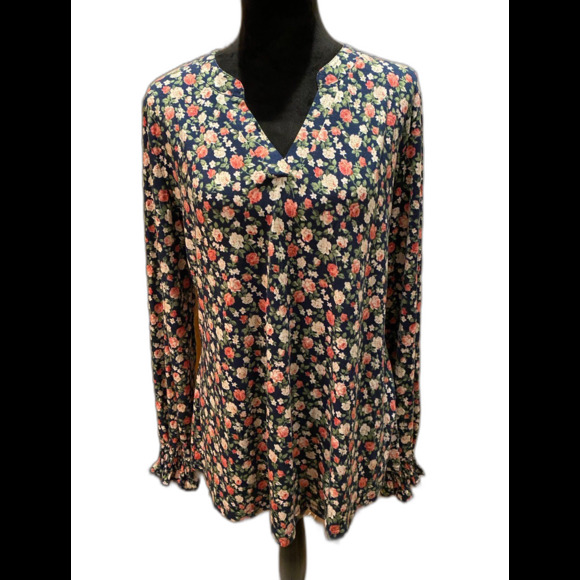 Womans Blouse Plus Size XL Top Navy Floral V Neck Pullover Stretchy Long Sleeve - Picture 2 of 12